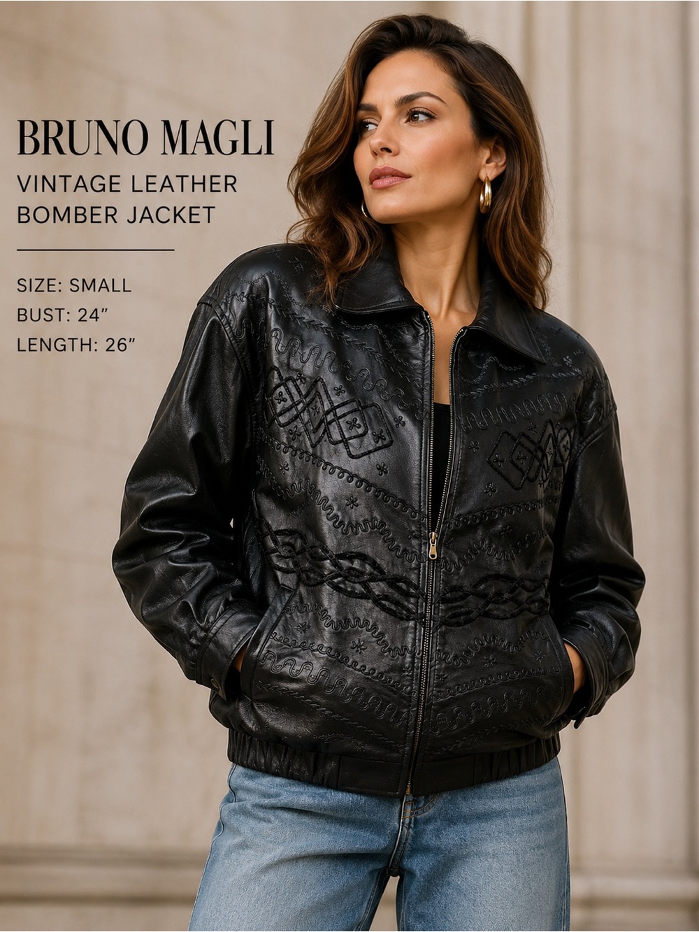Bruno Magli Black Leather Bomber Jacket Embroidered Western Design Size S